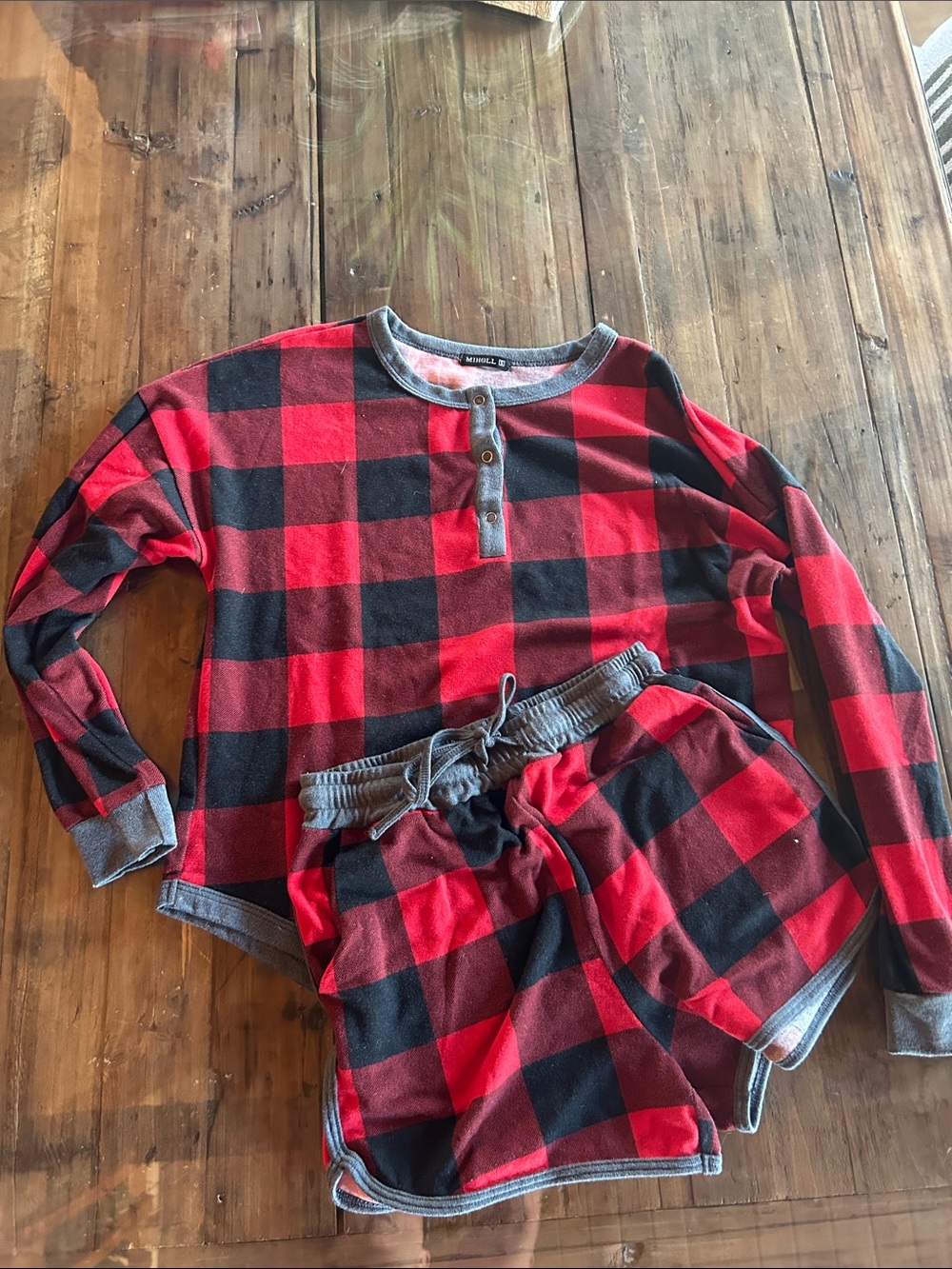 Women's Red and Black Buffalo Plaid Henley Pajama Set - Unbranded